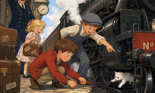 Un garçon de 6 ans, cheveux bruns courts, veste rouge et pantalon en toile, accroupi sur un vieux quai, tend un bout de laine rouge sous une énorme locomotive à vapeur noire pendant qu’un autre garçon d’environ 6 ans, casquette grise et salopette poussiéreuse nommée Paul, pointe vers l’espace sous le wagon; une fillette de 5 ans en robe à fleurs, ruban dans les cheveux, les yeux brillants et tenant une serviette, se tient juste derrière, soulagée et heureuse; un chef de gare moustachu en veste bleu marine sourit et fait signe à des agents; l’atmosphère est chaude, rails brillants, lampadaires en fer forgé et malles en cuir; les enfants coopèrent pour faire sortir un petit chaton blanc attiré par la laine, expressions passant de la tension à la joie, rendu en lignes nettes et contours doux dans le style bande dessinée franco-belge.