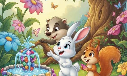 Léonard, petit lapin blanc aux longues oreilles roses et aux yeux brillants, pelage duveteux, sourit et tend une patte vers une fontaine ornée de pierres précieuses; Zoé, écureuil roux espiègle à la queue touffue, tourne près d’un parterre de fleurs géantes et ramasse un pétale scintillant; Gaspard, blaireau brun et gris au visage sage, se tient derrière en posant une patte sur une grosse racine comme pour protéger ses amis; le jardin magique présente une herbe épaisse, des fleurs irisées, des papillons colorés, une fontaine d’eau claire et un grand arbre aux branches torsadées et lianes fleuries; les trois amis découvrent le cœur du jardin, illuminés d’une douce lumière dorée, émerveillés et unis par leur amitié.
