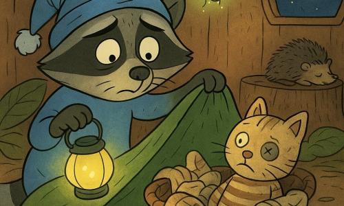 Rico, un jeune raton laveur au regard inquiet mais doux et au bonnet de nuit à pompon, tient une petite luciole-lanterne qui éclaire son visage pendant qu’il soulève une couverture-feuille; devant lui, Monsieur Moustache, un doudou chiffonné rayé beige et brun à l’oreille recousue, est coincé dans un panier de chaussettes froissées; la luciole amie, petite créature verte lumineuse, bourdonne au-dessus en projetant des taches jaunes; un hérisson endormi sur une souche ronfle paisiblement en arrière-plan. La scène se déroule dans une cabane en écorce chaleureuse avec coussins de feuilles, tiroirs de cailloux brillants et une fenêtre ronde où la lune en forme de banane sourit; Rico mène une mini-enquête nocturne, la lampe créant longues ombres, et des traces de farine et un fil de laine coloré mènent au panier, donnant une ambiance cosy et drôle.