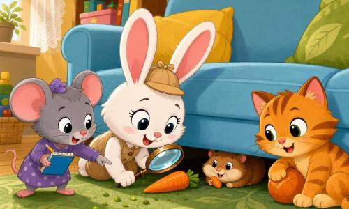 Lili la lapine blanche aux grandes oreilles roses, chapeau beige et loupe à la main, se penche pour regarder une carotte sous le canapé tandis que Mina la souris grise, carnet bleu, montre des miettes sur le tapis, Tom le chaton tigré joue avec une balle orange près du canapé et Hugo le hamster brun tient un morceau de carotte caché derrière le canapé ; le salon cosy (parquet clair, tapis vert, canapé bleu, fenêtre en dentelle) baigne la scène chaleureuse et ludique.