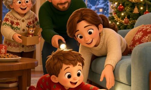 Léo, garçon de 2 ans joufflu, à quatre pattes attrapant une boule de Noël brillante sous le canapé; la maman (environ 30 ans) accroupie et tendant la main, le papa (environ 32 ans, barbe légère) derrière avec une petite lampe torche, la mamie (environ 65 ans, cheveux gris) près de la porte tenant une boîte ouverte avec un mini renne en bois; salon cosy enneigé dehors visible par la fenêtre: tapis crème, canapé bleu clair, grand sapin décoré de guirlandes dorées et boules rouges, guirlandes lumineuses chaudes et assiette de biscuits sur une table basse en bois; ambiance douce et chaleureuse centrée sur le garçon et la boule brillante, lumières chaudes, ombres douces, textures bois et tissu, expressions tendres et couleurs vives et contrastées.