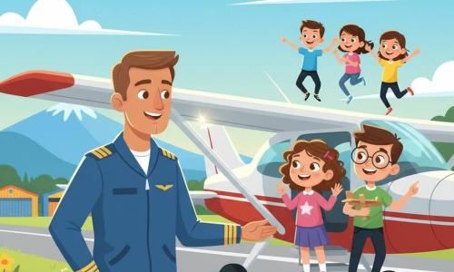 Lucas, pilote souriant et confiant, main posée sur l’aile argentée de son petit monomoteur, regarde avec bienveillance des enfants émerveillés — Clara (8 ans, cheveux bouclés) pressant la vitre, Timothée (9 ans, lunettes, t-shirt vert) tenant une maquette et pointant le ciel, plus trois enfants sautillants — sur une petite aérodrome entouré de champs fleuris, hangars colorés et montagnes, au matin doré alors que l’avion s’apprête à décoller, ambiance chaleureuse et rassurante, couleurs vives et contours nets.