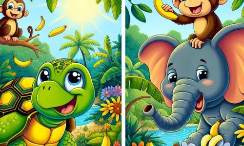Tootie, une tortue à carapace verte et motifs jaunes, sourit en ramassant des bananes tombées. Ses grands yeux curieux et son large sourire expriment son enthousiasme. À ses côtés, Max, un singe espiègle au pelage brun, rit en tenant une banane, perché sur une branche. Non loin, Ella, une éléphante douce à la peau grise, secoue un bananier en riant, une banane sur le nez. Le décor est une jungle vibrante avec feuillages luxuriants et fleurs colorées, sous un ciel bleu éclatant. Tootie et ses amis profitent d'une journée amusante, riant ensemble après une petite aventure.
