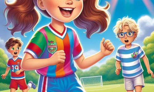 Au centre de l'image, Emma, une fille de 10 ans aux cheveux châtains en deux couettes, dribble un ballon de football sur le terrain, affichant détermination et joie. À sa droite, Alan, un garçon de 10 ans aux cheveux blonds et lunettes, l'encourage avec un pouce levé. En arrière-plan, Thomas, un garçon aux cheveux bruns et casquette, regarde avec surprise, réalisant que les filles peuvent être de grandes footballeuses. La scène se déroule dans un parc ensoleillé avec un terrain de football verdoyant, des arbres, des enfants jouant et des spectateurs applaudissant. Emma, en pleine action, illustre l'esprit d'équipe et l'égalité des genres dans le sport.
