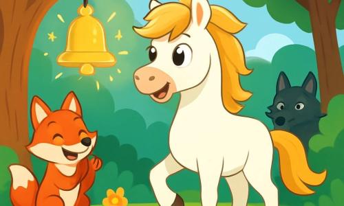 Un jeune cheval nommé Éclair, avec une robe blanche éclatante, se tient au centre de la clairière, déterminé et excité. Il regarde une cloche magique brillante, émettant une douce lumière dorée. À proximité, un renard roux sourit et applaudit, tandis qu'un loup noir observe avec curiosité. La clairière est entourée d'arbres majestueux et de fleurs colorées, créant une ambiance enchantée. Éclair s'apprête à faire sonner la cloche magique, unissant ainsi tous les animaux de la forêt dans une mélodie harmonieuse.