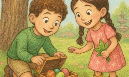 Deux enfants dans un jardin de village au printemps : un garçon d'environ 8 ans aux cheveux bouclés châtain et yeux pétillants, en pull vert et short beige, accroupi à gauche près du tronc d'un chêne, et une fille d'environ 7 ans aux cheveux bruns en tresses et sourire large, en robe à fleurs rose et bottines jaunes, légèrement penchée à droite en tenant des feuilles; ils découvrent, au pied de l'arbre sur un tapis de feuilles claires, une petite boîte ouverte révélant des œufs de Pâques en chocolat colorés et brillants et quelques pièces dorées; scène chaleureuse aux expressions étonnées et joyeuses, composition centrée sur la boîte et les visages, rendu crayons de couleur aux tons doux et textures visibles du papier.