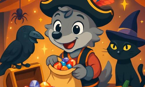 Léo, un jeune loup gris aux yeux curieux, porte un costume de pirate avec un chapeau noir orné de plumes. Il sourit en tenant un sac de bonbons, devant une grande boîte ornée de pierres précieuses. À côté, un vieux corbeau aux plumes noires est perché sur le bord de la boîte, affichant une expression amusée. Un chat noir avec un chapeau de magicien observe la scène de manière mystérieuse. La salle est décorée pour Halloween, avec des lumières scintillantes, des toiles d'araignées et des citrouilles. Léo découvre le trésor d'Halloween, joyeux et émerveillé, prêt à partager ses trouvailles.