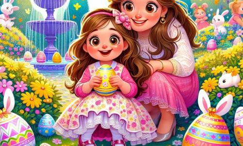 Une petite fille de 4 ans, Lila, avec de longs cheveux bruns et des yeux pétillants, porte une robe rose à fleurs et des chaussures brillantes. Elle est accroupie, souriante, tenant un œuf coloré. Sa maman, une femme d'une trentaine d'années avec des cheveux châtains, l'encourage avec fierté. Le jardin est coloré avec des fleurs jaunes, des lapins en papier et des œufs peints cachés. Au fond, une fontaine scintillante ajoute une touche magique. Lila est en pleine chasse aux œufs de Pâques, découvrant des trésors dans la beauté printanière et l'amour de sa maman.
