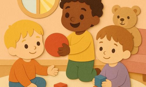 Trois garçons d'environ 3 ans partagent un ballon rouge sur un grand tapis crème : à gauche un blond aux joues rondes et sourire timide tend la main, au centre un brun bouclé debout sur les genoux offre le ballon, à droite un châtain clair serre un cube bleu en souriant ; salon chaleureux aux murs pastel, fenêtre ronde laissant une lumière douce, quelques cubes colorés et une grande peluche beige, ambiance apaisée et sécurisante avec textures papier découpé (bords découpés, couches superposées, ombres plates).