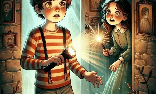 Lucas, un garçon de 11 ans aux cheveux ébouriffés et aux yeux curieux, se tient au centre de la scène avec une lampe torche, illuminant son visage inquiet mais déterminé. Il porte un t-shirt rayé et un jean usé, trahissant une peur mêlée d'excitation. À ses côtés, Éloïse, une fille d'environ 11 ans aux longs cheveux bruns et en robe vintage, le regarde avec espoir, tendant la main pour l'encourager. La scène se déroule dans une vieille maison aux murs de pierres couvertes de mousse, avec des toiles d'araignée et des portraits anciens. La lumière de la lampe crée des ombres dansantes, ajoutant une atmosphère mystérieuse. Lucas et Éloïse se tiennent devant une porte en bois massive ornée de symboles étranges, prêts à affronter l'ombre menaçante derrière elle, symbolisant leur courage face à l'inconnu et leur quête pour briser une malédiction.