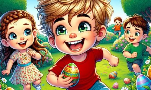 Un petit garçon de 4 ans, Tom, avec des cheveux blonds en désordre et des yeux pétillants, saute de joie dans un jardin ensoleillé. Il porte un t-shirt rouge et un short bleu, tenant un œuf en chocolat coloré. À côté de lui, Lily, une petite fille de 4 ans avec des cheveux bruns tressés et une robe à fleurs, sourit avec un œuf jaune. Max, un garçon de 5 ans avec des cheveux châtains et un t-shirt vert, cherche un œuf derrière une fleur. Le jardin est rempli de fleurs colorées, d'arbres verdoyants et d'œufs en plastique cachés dans l'herbe. La scène illustre la joie d'une chasse aux œufs de Pâques, sous un ciel bleu et ensoleillé.