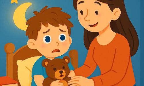 Un petit garçon de 2 ans, avec des cheveux châtains en bataille et de grands yeux bleus, est assis sur son lit, affichant une expression de peur. Il serre son doudou, un ours brun, contre sa poitrine. À ses côtés, sa maman, une femme d'environ 30 ans aux cheveux longs et bruns, sourit doucement en tenant sa main. La chambre est petite et chaleureuse, avec des murs bleu pastel et des étoiles dorées au plafond. Une veilleuse en forme de lune éclaire la pièce d'une lumière apaisante. Le petit garçon a peur du noir, mais sa maman lui offre réconfort et sécurité en lui chantant une douce chanson pour l'aider à s'endormir.