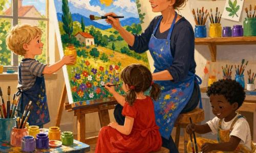 Léa, souriante et concentrée, cheveux châtain clair en chignon, porte un tablier bleu taché de peinture et peint un grand tableau sur un chevalet avec un large pinceau droit ; à sa gauche, un garçon d’environ 6 ans aux cheveux blonds courts lui tend un pot de peinture jaune près d’une petite table ; une fillette de 5 ans aux cheveux bruns en couettes, en robe rouge, ajoute de petites fleurs au bas du tableau avec un pinceau fin, assise sur un tabouret ; un garçon de 4 ans aux cheveux noirs, assis par terre à droite de Léa, joue avec des pinceaux propres dans un pot. L’atelier, petit et lumineux, a des murs crème, des étagères en bois garnies de pinceaux et de pots de peinture vifs (jaune, violet, vert, bleu), des feuilles colorées accrochées au mur et un sol en bois tâché de peinture ; une grande fenêtre à gauche laisse entrer une lumière douce qui réchauffe la scène. Ensemble ils créent un paysage joyeux aux couleurs saturées, traits larges et textures épaisses d’acrylique, composition centrée sur le chevalet et les visages heureux, ambiance chaleureuse et ludique.
