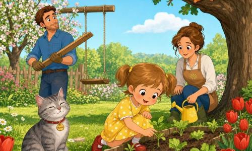 Une fillette de 4 ans, heureuse, cheveux châtain clair en couettes, robe jaune à pois blancs et chaussures rouges, touche une petite pousse dans le potager tandis que sa famille et des animaux l'entourent : Minou le chat gris ronronne au soleil à gauche, Chippy l'écureuil roux saute depuis une branche du vieux chêne à droite, la mère accroupie au tablier tient un arrosoir jaune et le père près du pommier tient une planche pour réparer la balançoire; jardin de printemps lumineux avec pelouse verte, tulipes rouges, pâquerettes blanches, vieux chêne et pommier en fleurs, petite balançoire en bois, lumière chaude du matin, ambiance douce et couleurs vives.