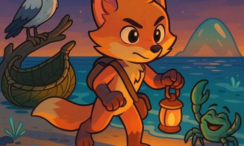 Un jeune renard anthropomorphe au pelage couleur coucher de soleil (orange, rose, or), yeux brillants, visage déterminé mais soulagé, débarque d'une barque tressée de feuilles et pose une patte sur le sable en écrivant doucement son nom avec une autre, tenant une petite lanterne d'écorce et une bourse en bandoulière; à côté, un vieux crabe au regard bienveillant et carapace bleu-vert l'accueille, tandis qu'un goéland au long bec courbé, ailes repliées, perché sur un morceau de bois flotté, veille sur la scène; la baie crépusculaire au sable humide reflète empreintes dorées et flaques irisées, une île brillante et plantes phosphorescentes émergent du rivage, vagues calmes scintillant sous une lumière douce et chaleureuse.