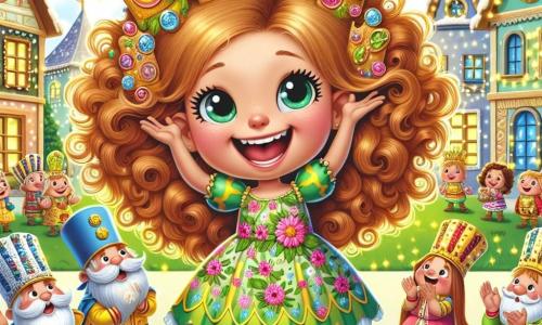 Lila, une petite fille de 8 ans aux cheveux châtain clair et bouclés, porte une robe à fleurs éclatantes. Elle a des yeux curieux et un grand sourire, tenant une carte magique dans sa main. Elle rit, entourée d'une armée de soldats en désordre, chacun avec des couronnes colorées. Parmi eux, un roi moustachu avec une couronne de boutons essaie de donner des ordres, tandis qu'une reine des Tartes aux Pommes applaudit Lila. Le décor est un village féerique avec des maisons en pain d'épice et des arbres scintillants. Lila propose un jeu amusant pour rassembler l'armée, tandis qu'une bulle pétillante s'échappe de sa fiole magique, créant une ambiance joyeuse.