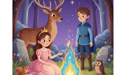 Princesse Mirabelle assise au premier plan, visage émerveillé, robe rose pâle et couronne d'or, tend la main vers un feu enchanté aux flammes bleu électrique et or ; un jeune prince d'environ 10 ans en bleu se tient légèrement en retrait à droite, prêt à s'asseoir, regard bienveillant ; un grand cerf brun protecteur est à gauche derrière la princesse, un écureuil roux et un hibou aux grands yeux sont posés sur des pierres autour du feu ; clairière entourée d'arbres aux feuilles argentées et de pierres en cercle, sol couvert de mousse et fleurs sauvages, ciel nocturne violet étoilé, lumière chaude et composition simple avec expressions claires.