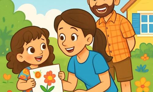 Il y a trois personnages : Célia, une petite fille de 6 ans avec de grands yeux brillants et des boucles châtains, portant une robe colorée à fleurs et tenant un dessin ; Claire, la maman souriante d'une trentaine d'années avec des cheveux longs en queue de cheval, portant un t-shirt bleu et un jean, accroupie à côté de Célia ; et Thomas, le papa jovial d'une trentaine d'années avec des cheveux bruns et une légère barbe, portant une chemise à carreaux et un short, debout derrière elles. La scène se déroule dans un jardin ensoleillé rempli de fleurs colorées, avec une maison jaune au fond. Célia partage son dessin avec sa maman tandis que son papa les regarde avec fierté, illustrant une ambiance chaleureuse et familiale.