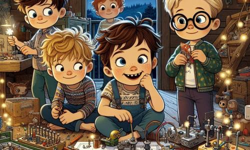 Dans une cabane en bois rustique, quatre garçons se tiennent ensemble, entourés de bric-à-brac coloré. Théo, au centre, tient un bouton de machine avec enthousiasme. À sa droite, Max, portant des lunettes rondes, est penché sur un plan de construction. À gauche, Sam, avec une barre chocolatée à la main, sourit de gourmandise. Léo, le plus calme, observe attentivement les autres. La cabane est décorée de guirlandes lumineuses, et des morceaux de métal et de fil électrique sont éparpillés, créant une ambiance festive. À l'extérieur, la nuit étoilée est remplie de l'excitation du Nouvel An. Les garçons testent leur machine à feux d’artifice bricolée, qui éclate en étincelles colorées, illuminant leurs visages émerveillés.