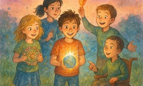 Cinq enfants réunis au Centre de la Magie dans une clairière sacrée : Léo (garçon ~12 ans, cheveux bruns en bataille) tient une sphère lumineuse couleur terre au centre-avant; Clara (fille ~12 ans, blonde ébouriffée) tient des cailloux et fleurs en mandala à sa gauche; Hugo (garçon ~11 ans, châtain) sourit et a les bras ouverts à sa droite; Mia (fille ~12 ans, cheveux noirs attachés) se tient derrière à gauche avec une plume flamboyante de Dragon; Samuel (garçon ~12 ans, cheveux courts) est en fauteuil roulant en bois derrière à droite, dirigeant une goutte d'eau scintillante. Ils sont posés sur une grande pierre circulaire au milieu d'un dallage craquelé, herbes luminescentes et aura multicolore sous un ciel crépusculaire rose-violet; leurs quatre éléments (terre, eau, feu, air) fusionnent au-dessus de la pierre et une étoile scintillante jaillit au centre, explosion de lumière dorée et bleue, éclaboussures d'aquarelle et expressions d'émerveillement.
