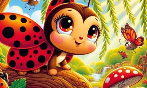 Clara, une petite coccinelle aux ailes rouge vif et aux points noirs, se tient sur une branche d'arbre, excitée et déterminée. Elle observe un vieux saule dont les feuilles dansent dans le vent, sous des rayons de soleil créant une ambiance magique. À proximité, Léon, un escargot philosophique, se déplace lentement sur un champignon, tandis que Mimi, une petite souris malicieuse, est prête à explorer. Le décor est une clairière enchantée avec des fleurs colorées et un étang scintillant. Clara et ses amis se préparent à entrer dans une caverne mystérieuse pour retrouver le Cristal Bleu et sauver leur forêt.