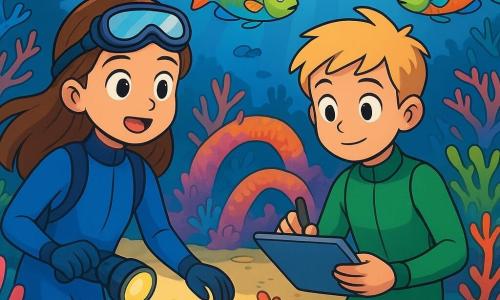 Léa, une fille de neuf ans aux longs cheveux bruns, porte une combinaison de plongée bleue et tient une lampe sous-marine, émerveillée par des poissons colorés. Tom, un garçon de neuf ans aux cheveux courts et blonds, est en retrait avec une combinaison de plongée verte et une tablette imperméable pour noter les arches de corail. L'histoire se déroule dans un jardin sous-marin vibrant de coraux multicolores illuminés par la lumière. Léa et Tom comptent les arches de corail, admirant la vie marine tout en respectant l'environnement en démêlant des cordages autour d'un corail.