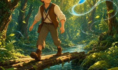 Luan, visage doux et souriant, cheveux châtain clair en bataille et yeux marron brillants, avance ébahi et serein en posant le pied sur des troncs alignés formant un petit pont au-dessus d'une rivière claire aux cailloux visibles; une petite plume bleue brillante virevolte devant lui en laissant une traînée lumineuse, le vent souffle en lignes courbes emportant des feuilles, les rives sont couvertes de mousse et de fougères et la forêt dense aux troncs tordus laisse filtrer des taches de lumière dorée, créant une ambiance conte de fées douce et lumineuse.