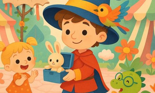 Le prince Léo, souriant, porte un grand chapeau bleu et des chaussures tic-tac; il tient une boîte ouverte d'où sort un lapin en peluche. À sa gauche, une fillette de cinq ans blonde applaudit; à sa droite, un petit dragon vert aux lunettes éternue des papillons en papier. Un oiseau coloré sur l'épaule goûte un nuage de sucre. Un parapluie en branche orné de rubans est ouvert derrière eux. Décor: place de village enchantée aux pavés roses, tentes pastel, guirlandes et lampions; ambiance lumineuse, couleurs vives, style enfantin et chaleureux.