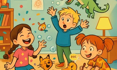 Il y a trois personnages : Lola, une fille de 9 ans avec de longs cheveux bruns en tresses, portant un t-shirt rose et un short en jean, assise sur le sol, riant parmi des confettis ; Max, un garçon de 10 ans avec des cheveux blonds en bataille, habillé d’un sweat bleu et d’un pantalon vert, debout les bras levés, surpris par un dragon dessiné ; et Zélie, une fille de 9 ans avec des cheveux roux en couettes, vêtue d’une robe à fleurs, accroupie avec un crayon magique, dessinant un vélo canard qui quacke. L'histoire se déroule dans une chambre d’enfant colorée, remplie de jouets et de dessins, éclairée par une douce lumière, avec des bulles de savon flottant. Les enfants rient en interagissant avec leurs créations dessinées qui prennent vie, comme un dragon éternuant des bulles, un chat dansant et un vélo canard chantant.