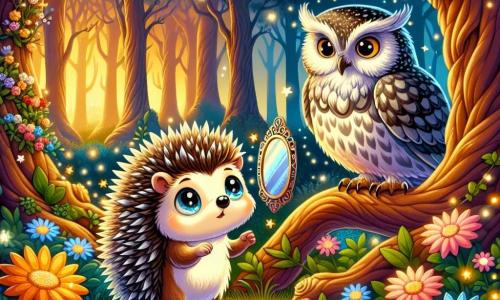 Un petit hérisson nommé Héris, avec des piquants brillants et des yeux curieux, se tient au centre de la scène, excité par la découverte d'un miroir magique dans un bosquet de fleurs. À côté de lui, un hibou sage aux plumes argentées, perché sur une branche, observe attentivement, prêt à poser une énigme. La forêt est illuminée par une lumière dorée, avec des arbres majestueux et des fleurs luminescentes, créant une ambiance féerique. Héris s'approche du miroir enchanté, fasciné par sa lueur, tandis que le hibou se prépare à lui poser une question déterminante.
