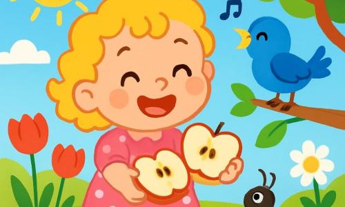 Une petite fille de 2 ans, aux cheveux bouclés et dorés, souriante, se tient au centre d'un jardin ensoleillé. Elle porte une robe rose à pois blancs et tient une pomme rouge dans ses mains. À côté, un oiseau bleu chante sur une branche, tandis qu'une fourmi noire grimpe sur une feuille verte, observant la scène. Le jardin est rempli de fleurs colorées sous un ciel bleu, avec des rayons de soleil créant une atmosphère chaleureuse. La petite fille, émerveillée, coupe sa pomme en deux, prête à partager avec l'oiseau et la fourmi.