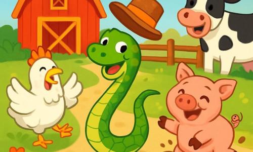 Un serpent vert vif, aux écailles brillantes et aux yeux curieux, glisse joyeusement dans une ferme. Il sourit en cherchant son chapeau qui danse sur sa queue. À ses côtés, une poule blanche aux plumes duveteuses rit en agitant ses ailes. Un cochon rose, avec un ventre rond, tape des pattes dans la boue en riant. Une vache noire et blanche, en arrière-plan, rit aussi en regardant le serpent. La scène se déroule dans une ferme ensoleillée avec une grange rouge, des champs verdoyants et des fleurs colorées. Au centre, le serpent, entouré de ses amis, s'amuse à attraper son chapeau, créant une ambiance festive.