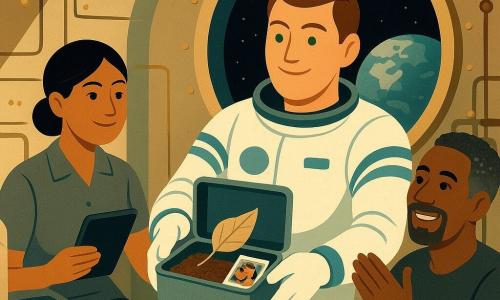 Marc, une trentaine d'années, visage rond, cheveux bruns courts et yeux verts, flotte sereinement en combinaison d'astronaute blanche à bandes bleues, tenant une petite boîte métallique ouverte contenant de la terre, une feuille séchée et une photo de famille ; Lila, ~30 ans, peau claire, cheveux noirs attachés, en combinaison grise courte, est assise près d'une console lumineuse à sa gauche, regardant la scène avec bienveillance et tenant une tablette ; Tom, la quarantaine, peau mate et cheveux poivre et sel, est à l'arrière-plan à droite, accroché à une main courante et applaudissant doucement. L'intérieur de la station spatiale présente des parois métalliques crème texturées, panneaux rivetés dorés, câbles rangés et rails muraux, avec un grand hublot montrant la Terre et des étoiles ; l'atmosphère nocturne est calme, chaleureuse et sereine, aux formes géométriques et aux couleurs art déco (bleus profonds, ocres, verts doux).