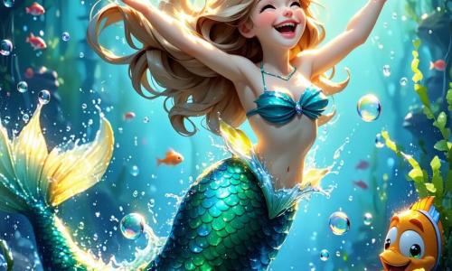 Au centre de l'image, une sirène joyeuse nommée Léa, avec de longs cheveux blonds, des yeux bleus pétillants et une queue de poisson scintillante, éclabousse d'eau en riant, entourée de bulles colorées. À côté d'elle, un poisson farceur nommé Farfadet nage en faisant des pirouettes, prêt à faire une blague. En arrière-plan, une étoile de mer souriante nommée Stella flotte doucement, observant la scène avec admiration. Le décor est un récif de corail vibrant, illuminé par des rayons de lumière. Léa éclabousse joyeusement des enfants humains jouant près d'une fontaine sur la plage, créant une ambiance ludique et amusante.
