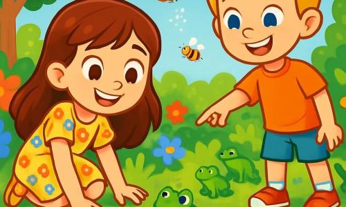 Une fille de 8 ans, Margot, avec de longs cheveux bruns et des yeux curieux, est accroupie dans un jardin fleuri, souriante. Elle porte une robe légère à fleurs et des sandales, ses mains dans l'herbe verte, observant des grenouilles près d'une mare. Son ami Hugo, 9 ans, aux cheveux blonds et aux yeux bleus, se tient debout en pointant une grenouille sur un nénuphar, excité. Le jardin est coloré, avec des arbres feuillus et une mare scintillante. Des abeilles bourdonnent autour des fleurs, créant une ambiance joyeuse. Margot et Hugo explorent ensemble les merveilles du printemps et les grenouilles.