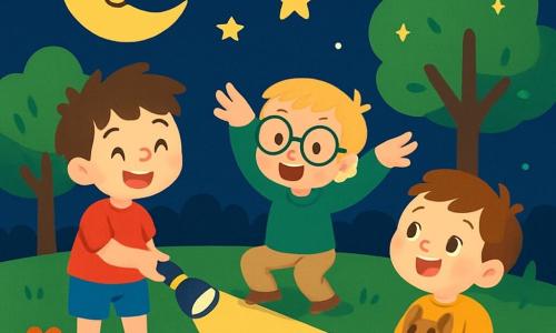 Trois personnages se trouvent dans un jardin nocturne : Léo, un garçon de 7 ans avec des cheveux bruns, un t-shirt rouge et un short bleu, tient une lampe de poche ; Max, 6 ans, avec des cheveux blonds et des lunettes rondes, porte un pull vert et imite un hibou ; Tom, 5 ans, avec des cheveux châtains, un t-shirt jaune et un short à rayures, est assis sur l'herbe, émerveillé par les étoiles avec un chat en peluche. La scène est illuminée par la lune et les étoiles, créant une ambiance magique où les enfants jouent et rient ensemble.