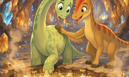 Jeune diplodocus longiligne vert pâle tacheté, au cou étiré et air émerveillé et timide, pose délicatement une patte dans un bassin tiède qui fait des bulles ; Oréo, parasaurolophus élancé à grande crête rouge-orangé, sourit bienveillant et pose une aile sur son épaule pour rassurer ; la grotte volcanique ronde et chaleureuse, murs tapissés de cristaux ambre et bleu pâle, vapeur douce et sol de sable gris parsemé de cailloux brillants, accueille au centre un bassin aux reflets dorés dont les bulles éclatent en petits 