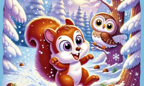 Un petit écureuil brun nommé Noisette, joyeux, saute dans la neige, sa queue touffue derrière lui. Il sourit et ses pattes sont couvertes de neige scintillante. Plume, la chouette aux plumes blanches et grises, est perchée sur une branche, ses grands yeux brillent d'excitation en regardant Noisette, prête à l'inviter à jouer. La scène se déroule dans une forêt magique, où les arbres sont recouverts de neige et le sol est une épaisse couche de poudreuse. Noisette et Plume s'apprêtent à jouer ensemble, riant dans une ambiance féerique.