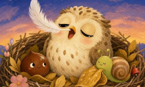 Pim, une petite chouette ronde et duveteuse couleur crème aux taches brunes et yeux brillants, bâille et se blottit au centre d'un grand nid de brindilles et feuilles jaunes posé sur une branche, à gauche une noisette marron lisse affiche une moue malicieuse, une plume blanche se pose délicatement sur le bec, à droite un escargot vert à carapace rayée porte une petite clochette rouge et se blottit contre une feuille-doudou, petites fleurs pastel décorent le nid, ciel crépusculaire étoilé en arrière-plan, ambiance calme, chaleureuse et rigolote, textures épaisses et traces de pinceau visibles (gouache).