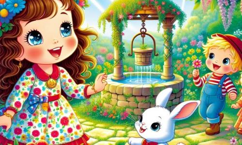 Léa, une petite fille de 4 ans aux grands yeux brillants et aux cheveux châtains bouclés, porte une robe colorée à fleurs et sourit en admirant un jardin secret rempli de fleurs éclatantes et de papillons. À ses côtés, Pipo, un lapin blanc avec un petit chapeau, saute joyeusement. Tom, un garçon de 5 ans aux cheveux blonds et à la casquette rouge, s'accroupit pour admirer une fleur, tandis que Mia, une fille de 4 ans aux cheveux bruns et à la robe rose, danse autour d'eux. En arrière-plan, un vieux puits en pierre est entouré de verdure et de rayons de soleil. Ils découvrent ce jardin magique, pleins de joie et d'excitation, prêts à faire un vœu au puits enchanté.