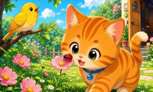 Un chaton domestique orange rayé, doux et potelé, col bleu, patte dans une petite flaque d’eau, près d’une coccinelle rouge à points noirs posée sur une fleur rose et d’un oiseau jaune perché sur une branche à gauche qui chante, dans un jardin d’été lumineux aux herbes vertes, marguerites blanches, fleurs roses, arbre à branches basses et petite porte ouverte, ciel bleu parsemé de nuages, ambiance chaude, douce et joyeuse.