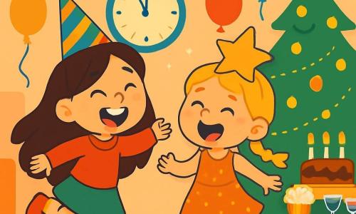 Deux personnages principaux : Lily, une fille de 7 ans aux longs cheveux bruns et yeux pétillants, portant un chapeau de fête coloré et un pull rouge, saute joyeusement sur un pied. Zoé, une fille de 6 ans avec des cheveux blonds en tresses et des yeux bleus, porte une robe à paillettes et un chapeau en forme d'étoile, riant et sautant à côté de Lily. L'action se déroule dans une salle de séjour chaleureuse, décorée de guirlandes lumineuses et d'un sapin de Noël illuminé, avec des ballons flottant et une table de gâteaux et boissons. Les deux filles s'amusent à sauter sur un pied, entourées d'une ambiance festive, prêtes à accueillir la nouvelle année.