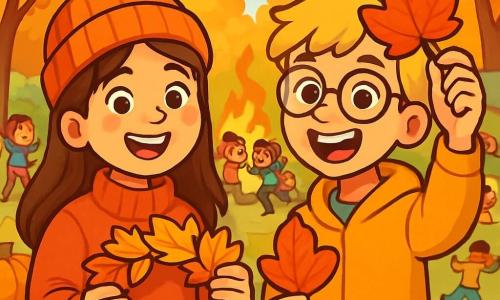 Clara, une petite fille de 12 ans aux longs cheveux bruns et aux joues roses, sourit en tenant une couronne de feuilles d'automne qu'elle a fabriquée. Elle porte un pull orange et un bonnet en laine. À ses côtés, Lucas, un garçon de 12 ans aux cheveux blonds et lunettes rondes, rit en montrant une feuille en forme de cœur. Ils se trouvent dans un parc aux couleurs automnales, entourés de citrouilles décoratives. La scène est animée avec des enfants jouant et riant autour d'un feu de camp. Clara et Lucas s'apprêtent à participer à un jeu de lancer de pommes, leurs visages rayonnants de bonheur.