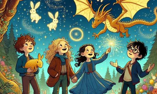 Dans une clairière enchantée, quatre enfants se tiennent ensemble, entourés de créatures fantastiques. Théodore, un garçon de 10 ans aux cheveux bruns, admire un dragon doré qui vole au-dessus. Chloé, vêtue d'une robe bleue, crée une pluie scintillante d'eau. Lucas, souriant, observe des lapins flottants, tandis que Maxime touche les racines du sol, formant un abri. La clairière est peuplée d'arbres aux troncs spirales et d'un ciel étoilé. Les enfants, déterminés à prouver leur valeur face au dragon, sont enveloppés d'une lumière dorée symbolisant leur courage et leur amitié.