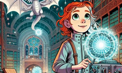 Une fille de 10 ans, Oria, aux cheveux rouge feu et aux yeux curieux, se tient devant une machine étrange dans une bibliothèque magique. Elle porte une combinaison argentée avec des poches remplies de gadgets et exprime excitation et détermination. À ses côtés, un petit dragon métallique nommé Pixel, avec des écailles brillantes et des ailes délicates, vole en cercle autour d'elle, crachant de petites flammes bleues. La bibliothèque est immense, avec des étagères en bois sculpté, des livres flottants et des lumières scintillantes. Oria connecte des câbles à la machine, tandis qu'un rayon de lumière magique émerge, illuminant son visage émerveillé et révélant l'étoile d'Azural flottant au-dessus d'eux.