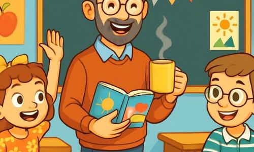 Monsieur Léon, un instituteur d'une quarantaine d'années avec des lunettes rondes et une barbe poivre et sel, se tient au centre de la classe, souriant chaleureusement. Il tient une tasse de thé dans une main et un livre coloré dans l'autre. À ses côtés, Clara, une petite fille de 8 ans aux cheveux bouclés et à la robe à fleurs, lève la main avec excitation, tandis que Lucas, un garçon de 9 ans aux lunettes carrées et à la chemise à rayures, sourit, impatient d'écouter. La salle de classe est lumineuse, avec des murs bleu pastel et des affiches colorées. Une guirlande lumineuse scintille au-dessus du tableau noir, créant une atmosphère joyeuse. Monsieur Léon annonce un projet spécial, et les enfants, excités, se penchent en avant sur leurs bureaux, leurs visages illuminés par l'anticipation d'une nouvelle aventure d'apprentissage.