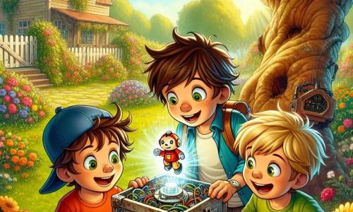 Trois garçons de sept ans, Max, Jules et Léo, sont dans un jardin ensoleillé. Max, aux cheveux bruns et t-shirt rouge, examine une boîte en métal rouillée. Jules, blond avec une casquette bleue, admire un hologramme d'un petit robot souriant. Léo, châtain et en t-shirt vert, s'exclame de joie en découvrant une machine à voyager dans le temps. Le jardin est fleuri et verdoyant, avec un vieux pommier et une maison en bois en arrière-plan. Les trois amis explorent la machine, illuminée et colorée, tandis qu'un hologramme de robot les invite à une aventure à travers les âges.