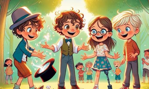 Dans un parc ensoleillé, quatre amis se tiennent au centre. Lucas, 10 ans, porte une cape de magicien et fait semblant de tirer un lapin de son chapeau. À sa droite, Emma, 9 ans avec des lunettes et des couettes, rit en tenant un goûter. À gauche, Théo, 8 ans, admire la scène, les bras croisés, tandis que Clara, 9 ans avec une prothèse à la jambe, s'avance avec un livre d'histoires. Le parc est verdoyant, rempli d'arbres et de fleurs. Les amis s'apprêtent à raconter une histoire sur l'honnêteté, illustrant l'importance de dire la vérité après un mensonge. Ils sont excités et déterminés à partager leur message.