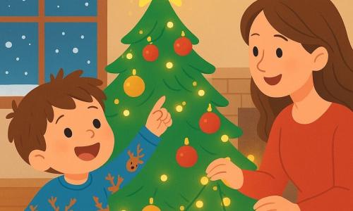 Un petit garçon de 2 ans, Lucas, avec des cheveux bruns en désordre et des yeux pétillants, se tient devant un grand sapin de Noël décoré. Il porte un pyjama bleu avec des rennes et son visage rayonne d'émerveillement. À côté de lui, sa maman, une femme d'environ 30 ans avec de longs cheveux châtains, accroche une guirlande sur le sapin en se penchant légèrement vers Lucas. Le salon est lumineux, avec des guirlandes brillantes et un feu dans la cheminée. Des flocons de neige tombent à l'extérieur. Lucas, les bras levés, rit et pointe une étoile brillante en haut du sapin, tandis que sa maman l'observe avec tendresse, créant une atmosphère chaleureuse.