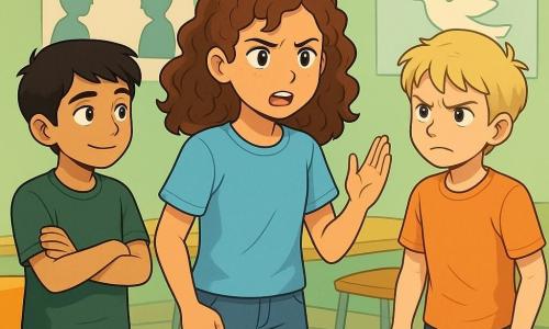 Une fille de 12 ans, Lina, aux cheveux châtains et bouclés, se tient au centre de la scène, concentrée mais légèrement nerveuse, vêtue d'un t-shirt bleu clair et d'un jean. À ses côtés, Samir, 12 ans, aux cheveux noirs et à la peau olive, l'admire, les bras croisés en signe de soutien. Yanis, également 12 ans, aux cheveux blonds et aux yeux clairs, se tient en retrait, les poings serrés, affichant colère et inquiétude. La scène se déroule dans une salle de médiation lumineuse aux murs verts pastel, avec des affiches sur le dialogue pacifique. Une table en bois au centre est entourée de chaises colorées, avec des feuilles et des crayons éparpillés. Lina prend la parole avec assurance pour expliquer l'importance du dialogue dans la résolution des conflits, tandis que Yanis et Samir l'écoutent attentivement, créant une atmosphère tendue mais pleine d'espoir.